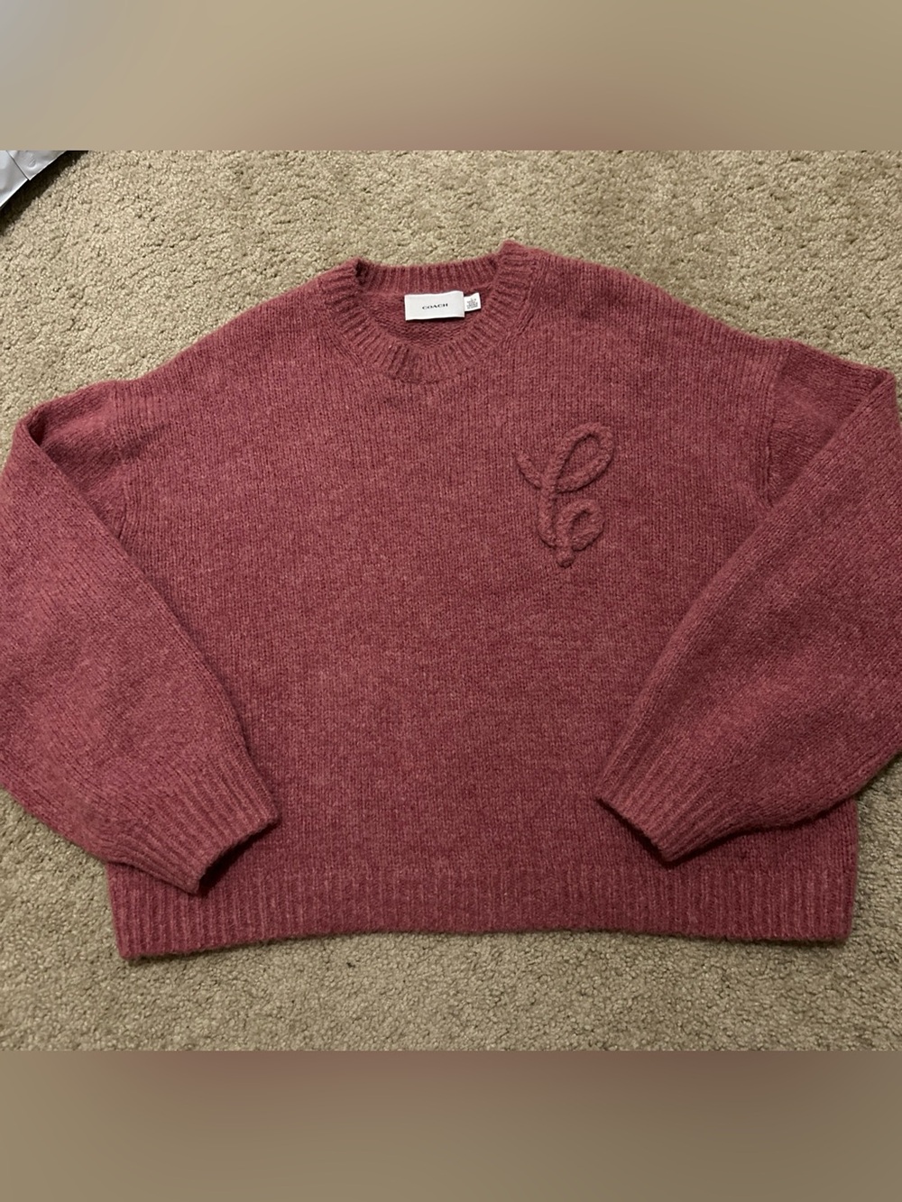 Coach Women Large Wine Red Alpaca Wool Blend Rope C Logo Crewneck Sweater CV470